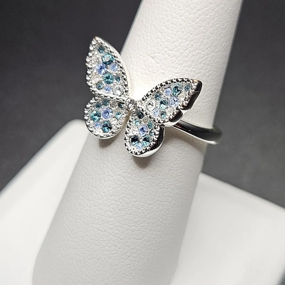 Sparkling Blue and Green Rhinestone Butterfly Ring Silver Plated Size 8 - Picture 4 of 5